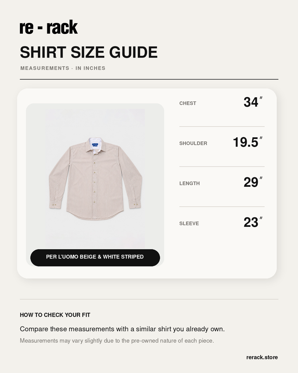 Size Chart for Per L'Uomo Beige & White Striped Dress Shirt