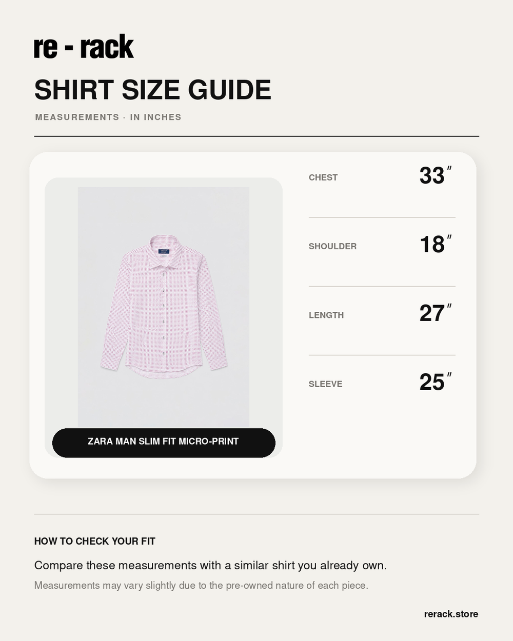 Size Chart for Zara Man Slim Fit Micro-Print Shirt