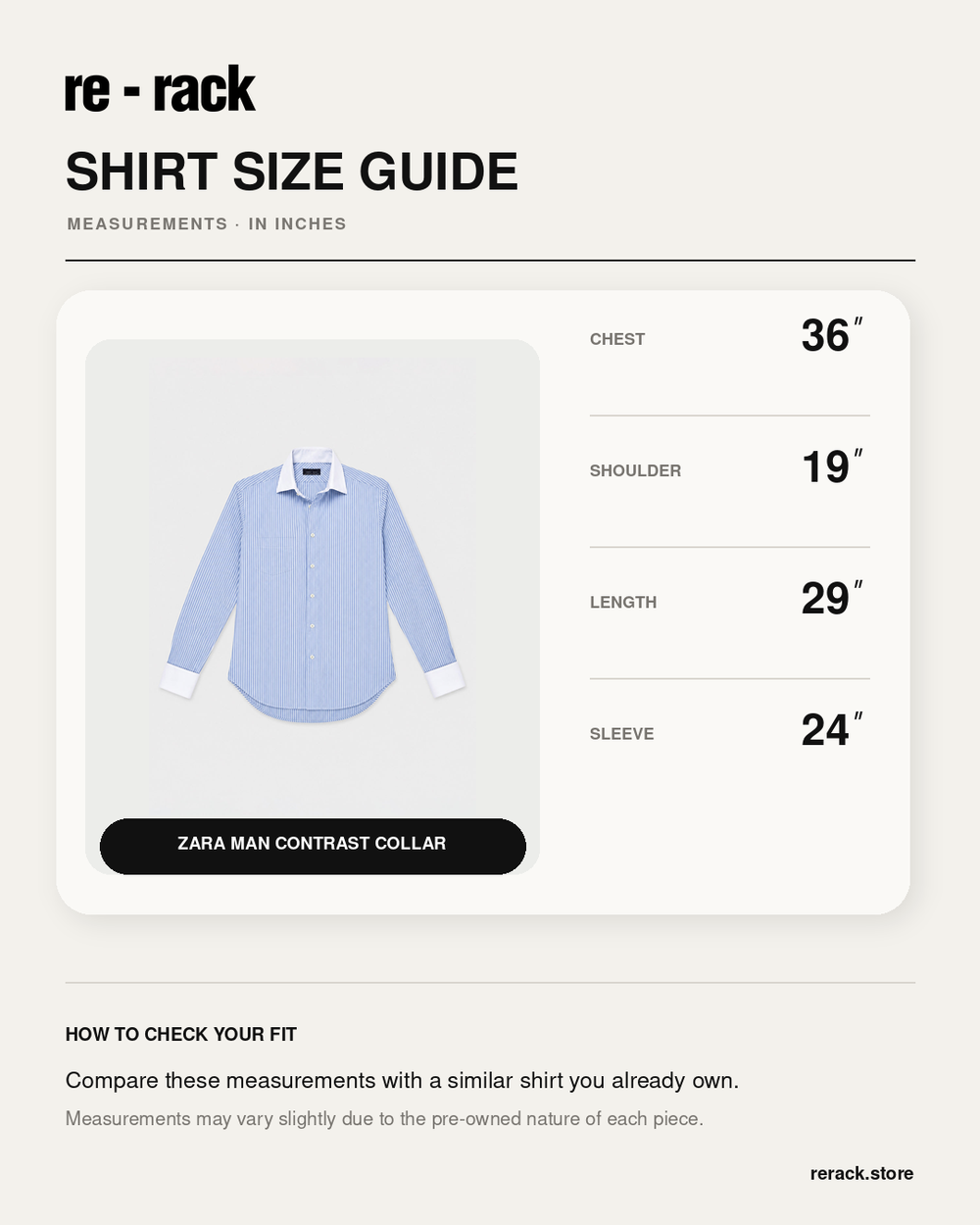 Size Chart for Zara Man Blue & White Contrast Collar Striped Shirt