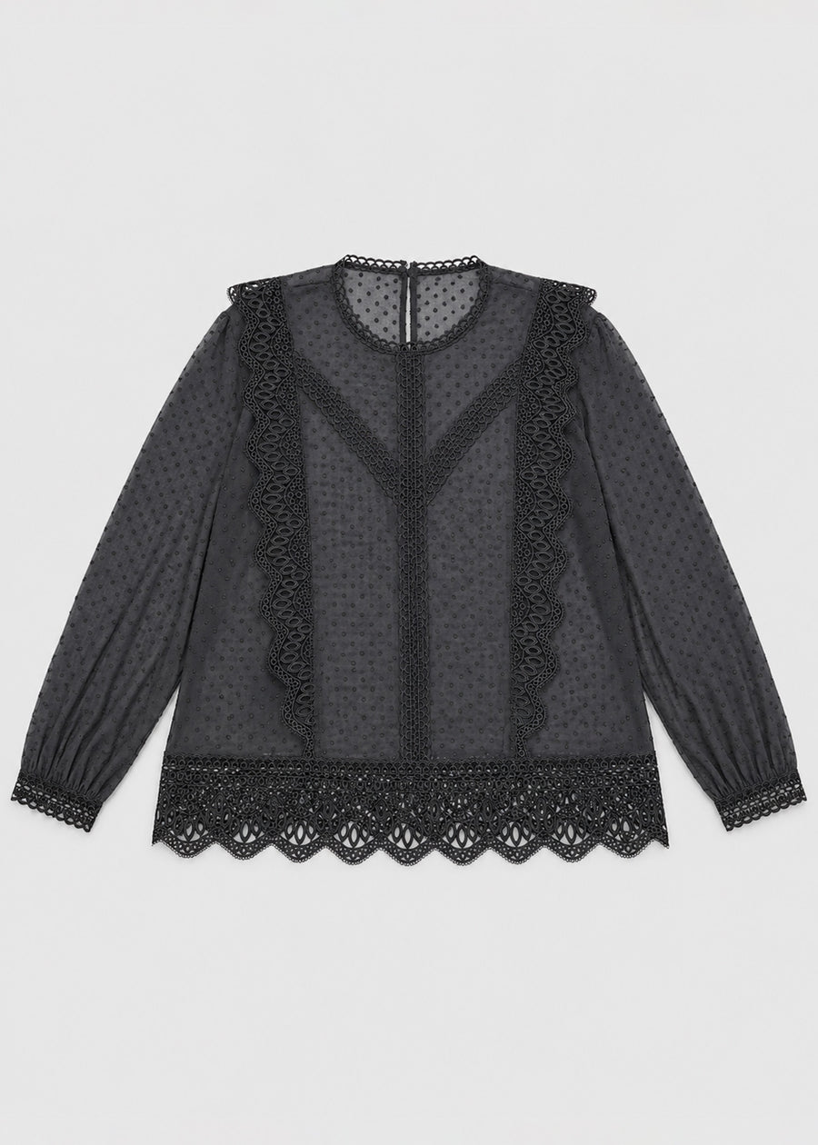Black Lace Trimming Chiffon Blouse