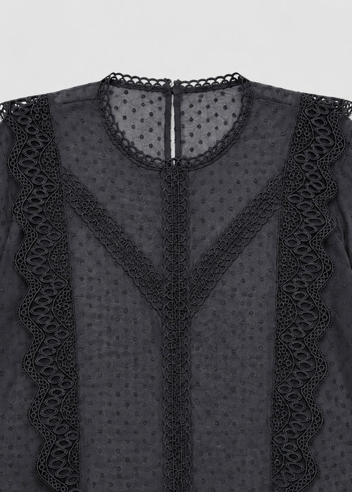 Black Lace Trimming Chiffon Blouse