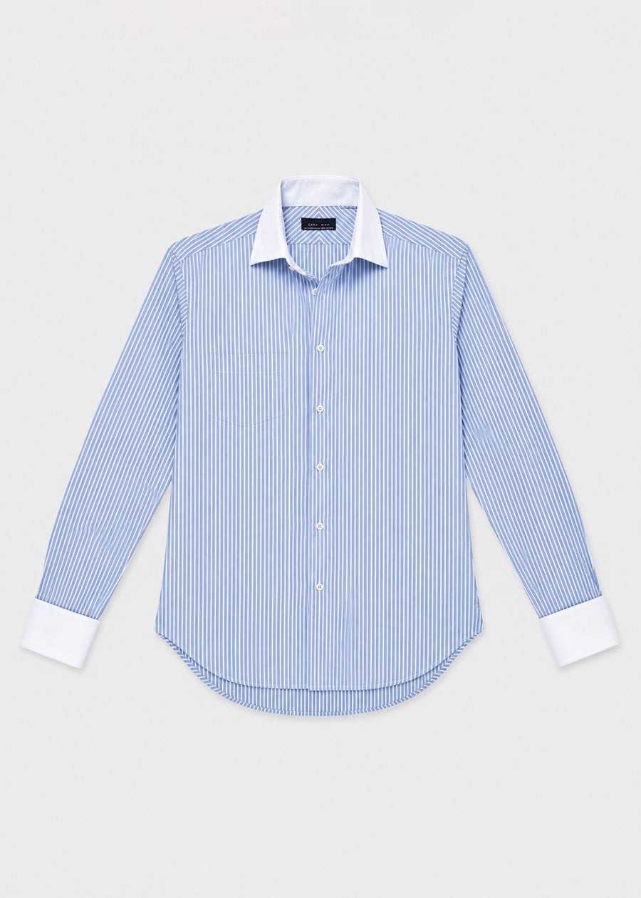 Zara Man Blue & White Contrast Collar Striped Shirt