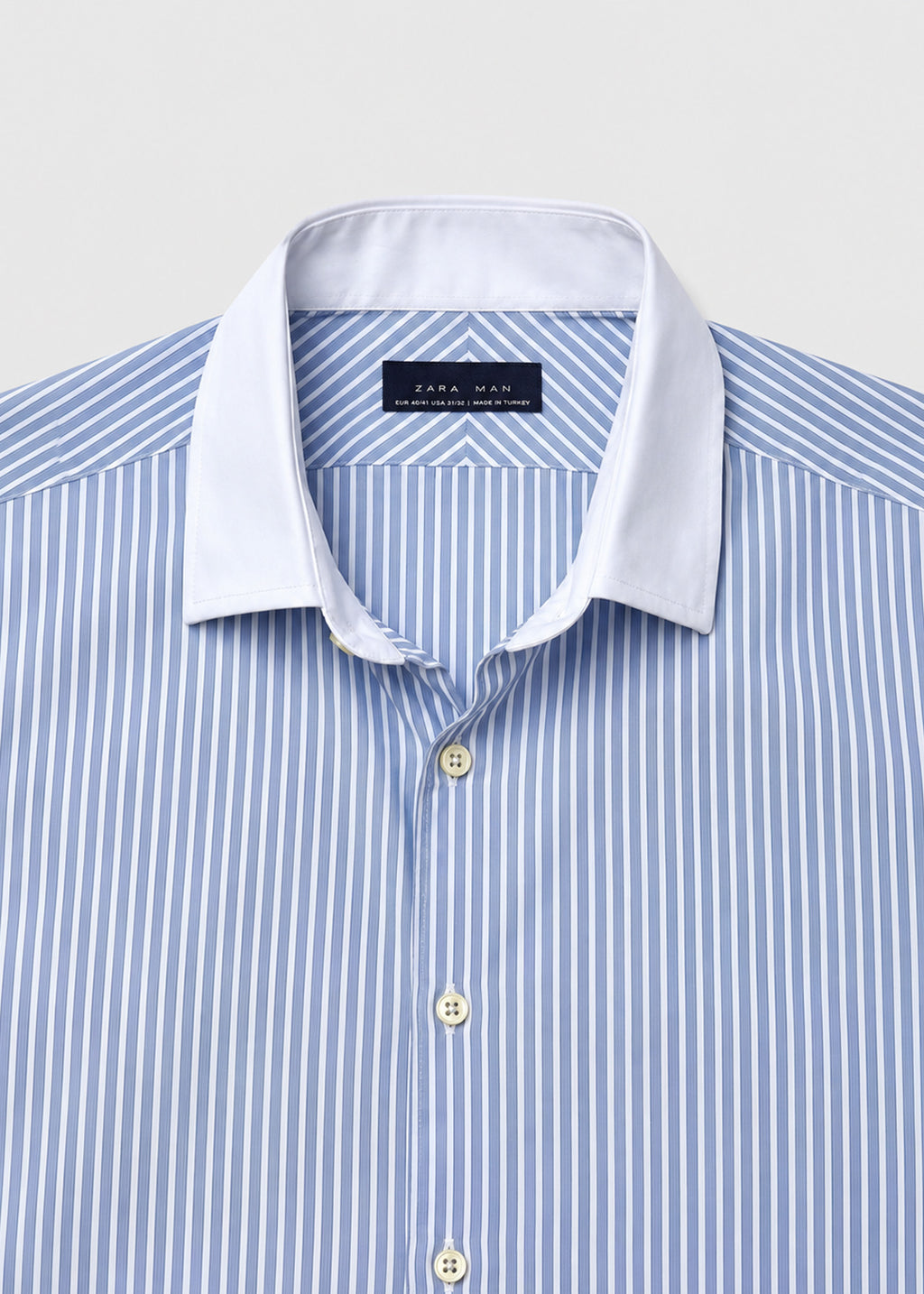 Zara Man Blue & White Contrast Collar Striped Shirt