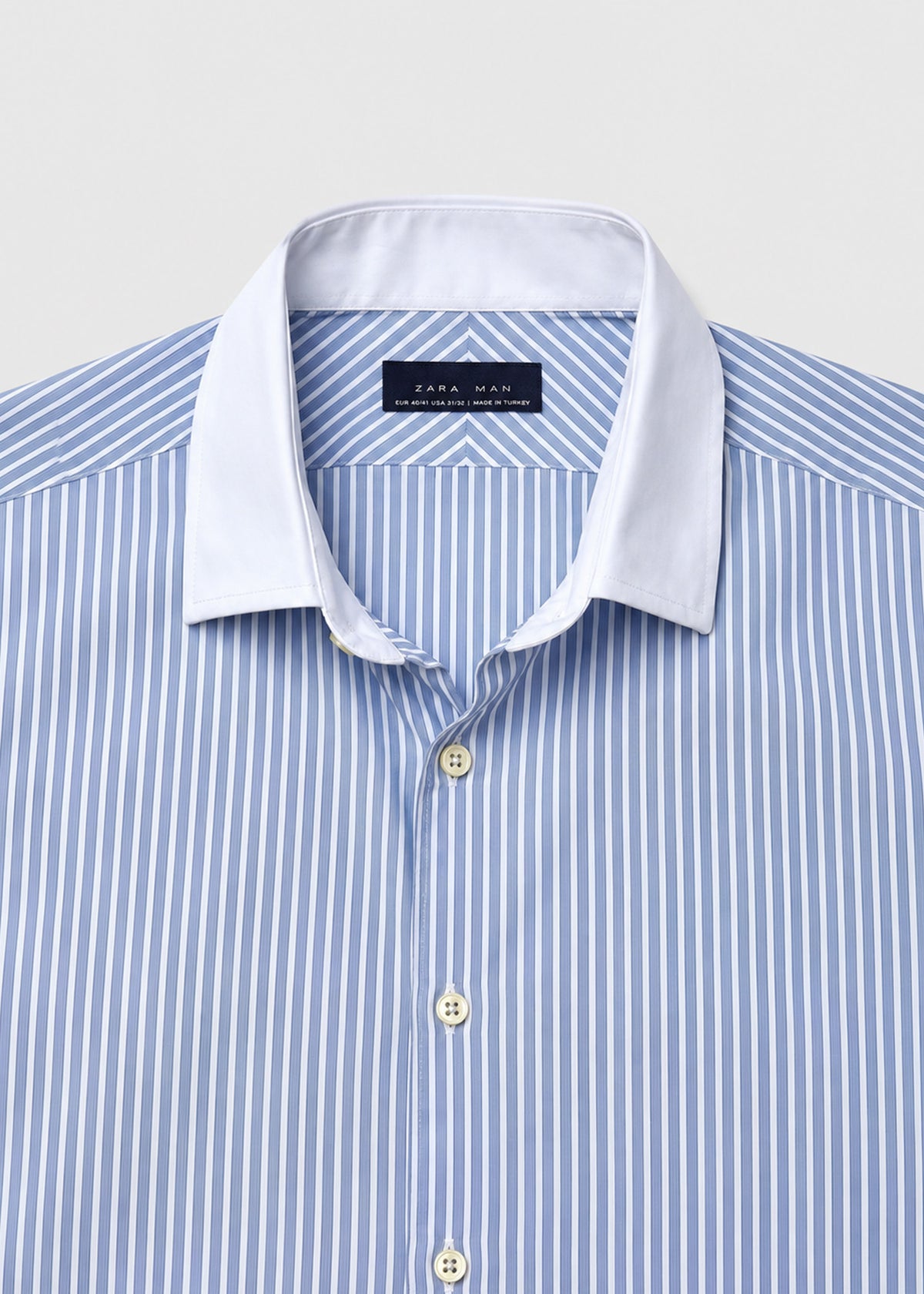 Zara Man Blue & White Contrast Collar Striped Shirt