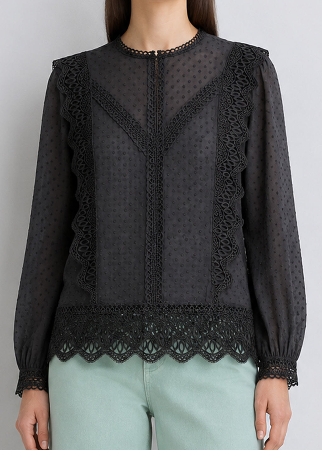 Black Lace Trimming Chiffon Blouse