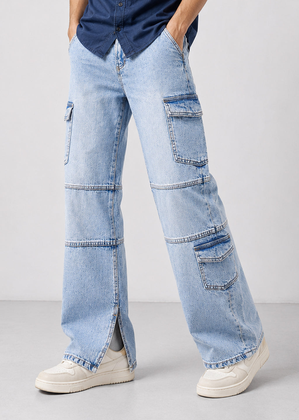 Light Acid-Wash Cargo Bootcut Side-Slit Jeans