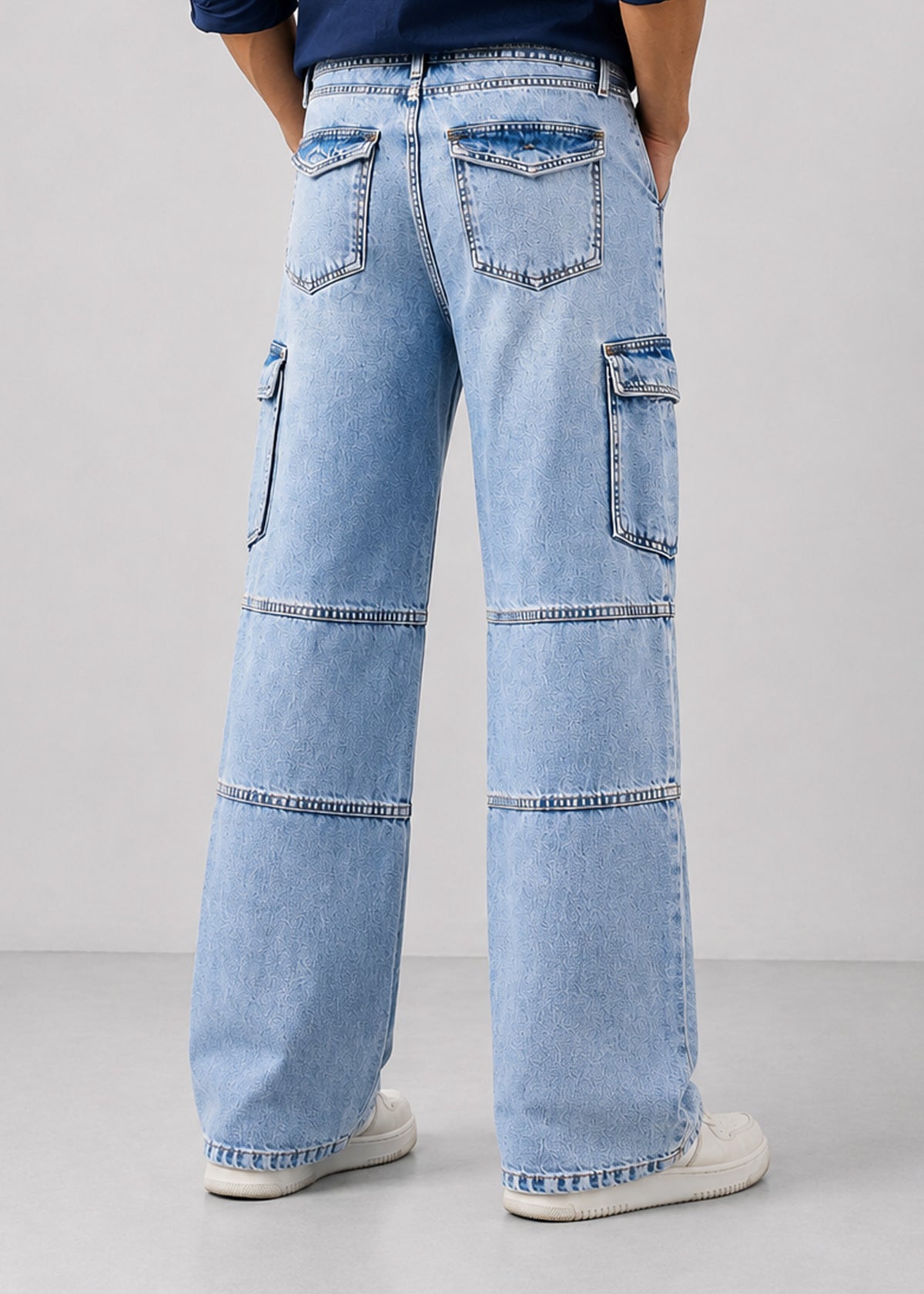 Light Acid-Wash Cargo Bootcut Side-Slit Jeans