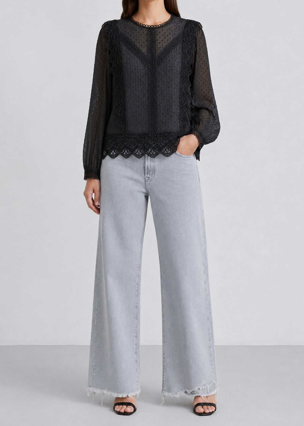 Black Lace Trimming Chiffon Blouse