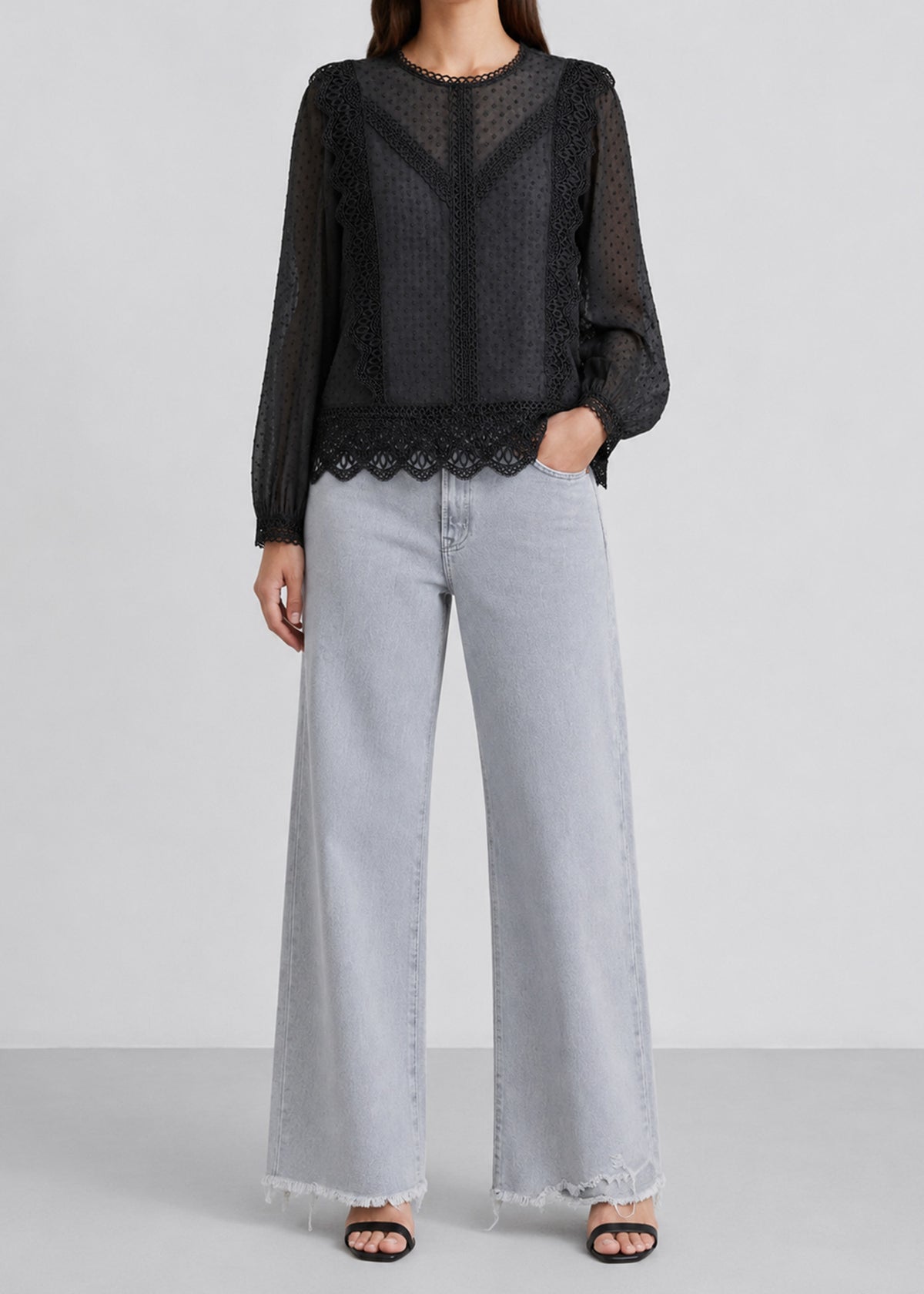 Black Lace Trimming Chiffon Blouse