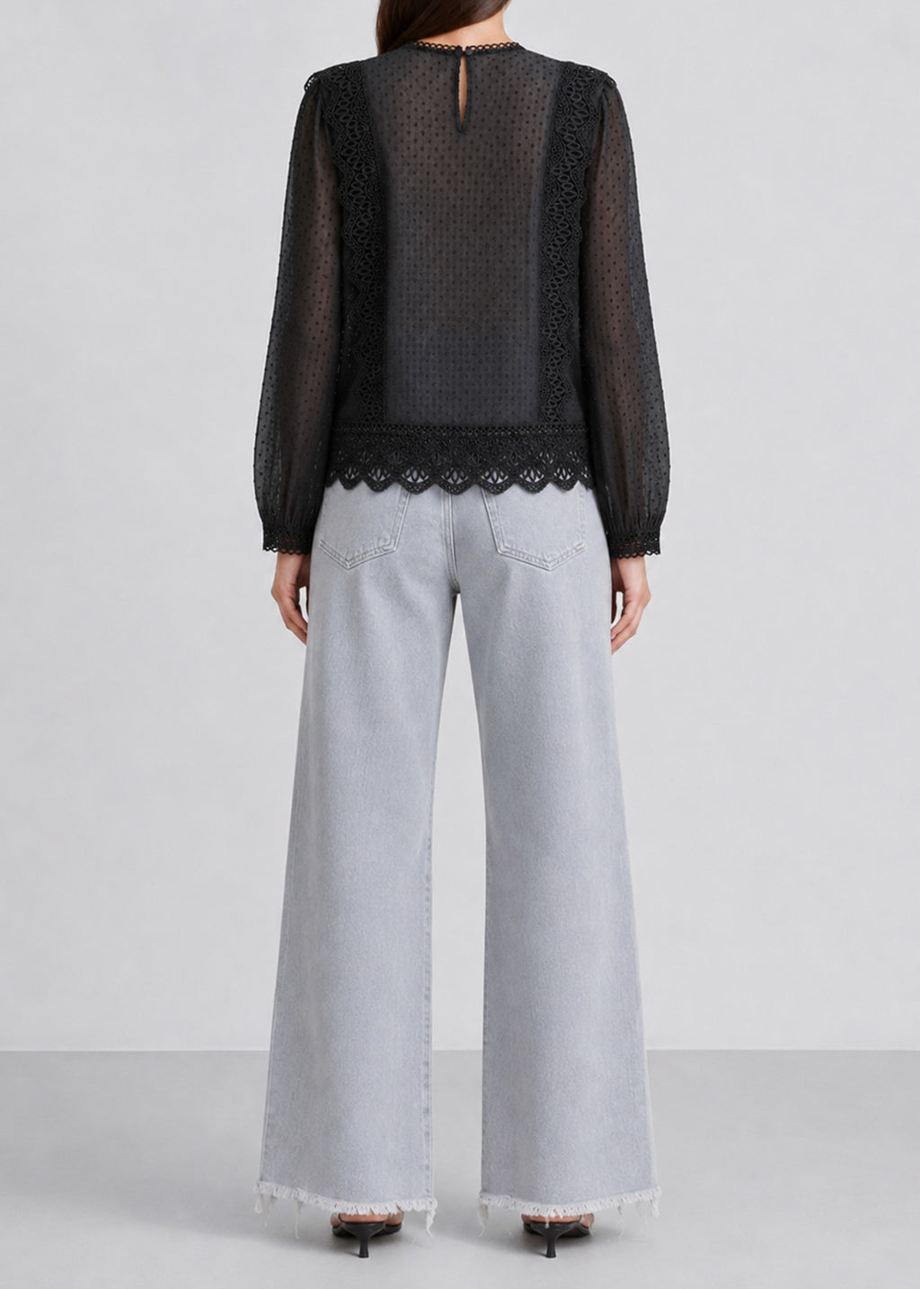 Black Lace Trimming Chiffon Blouse