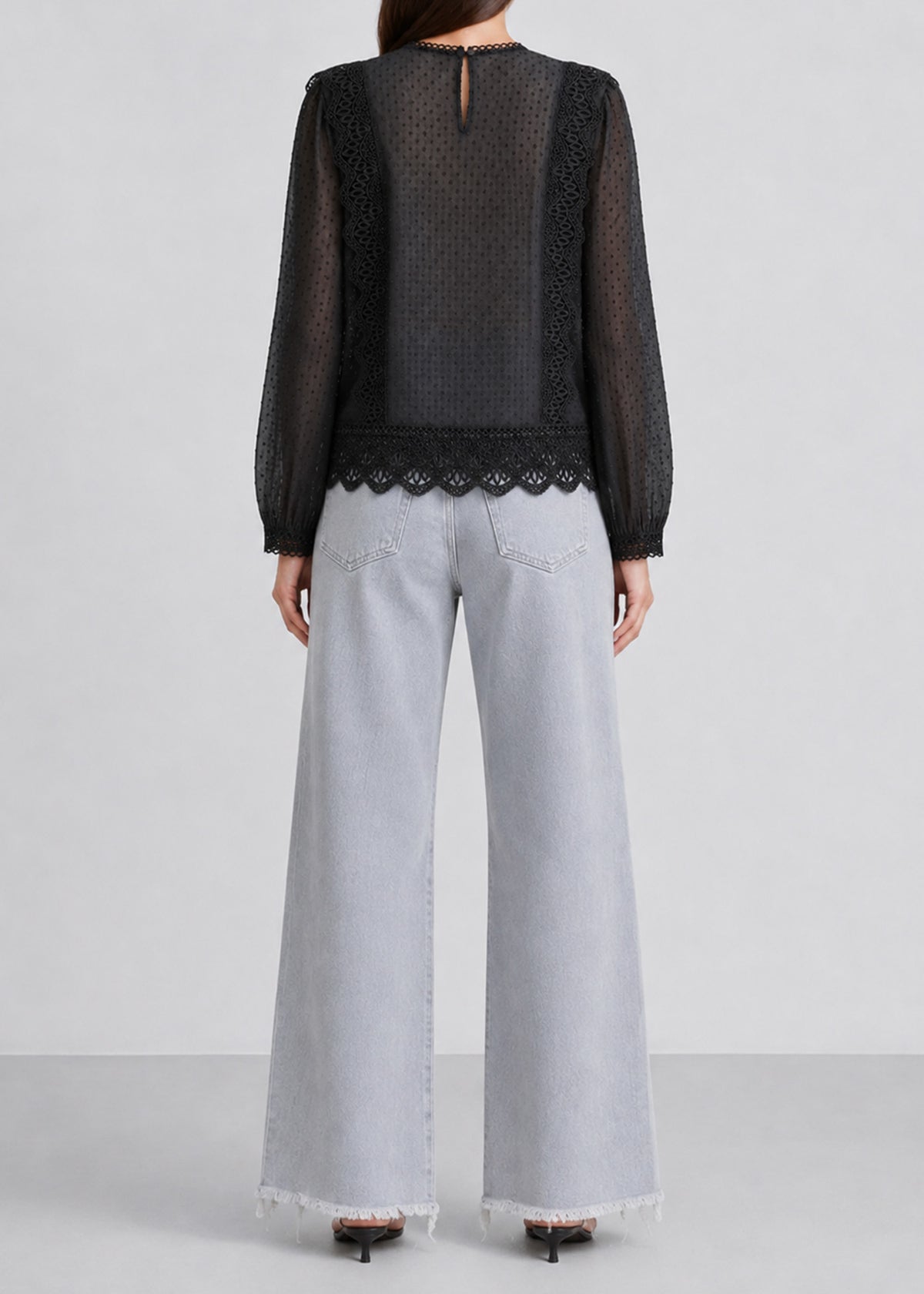 Black Lace Trimming Chiffon Blouse