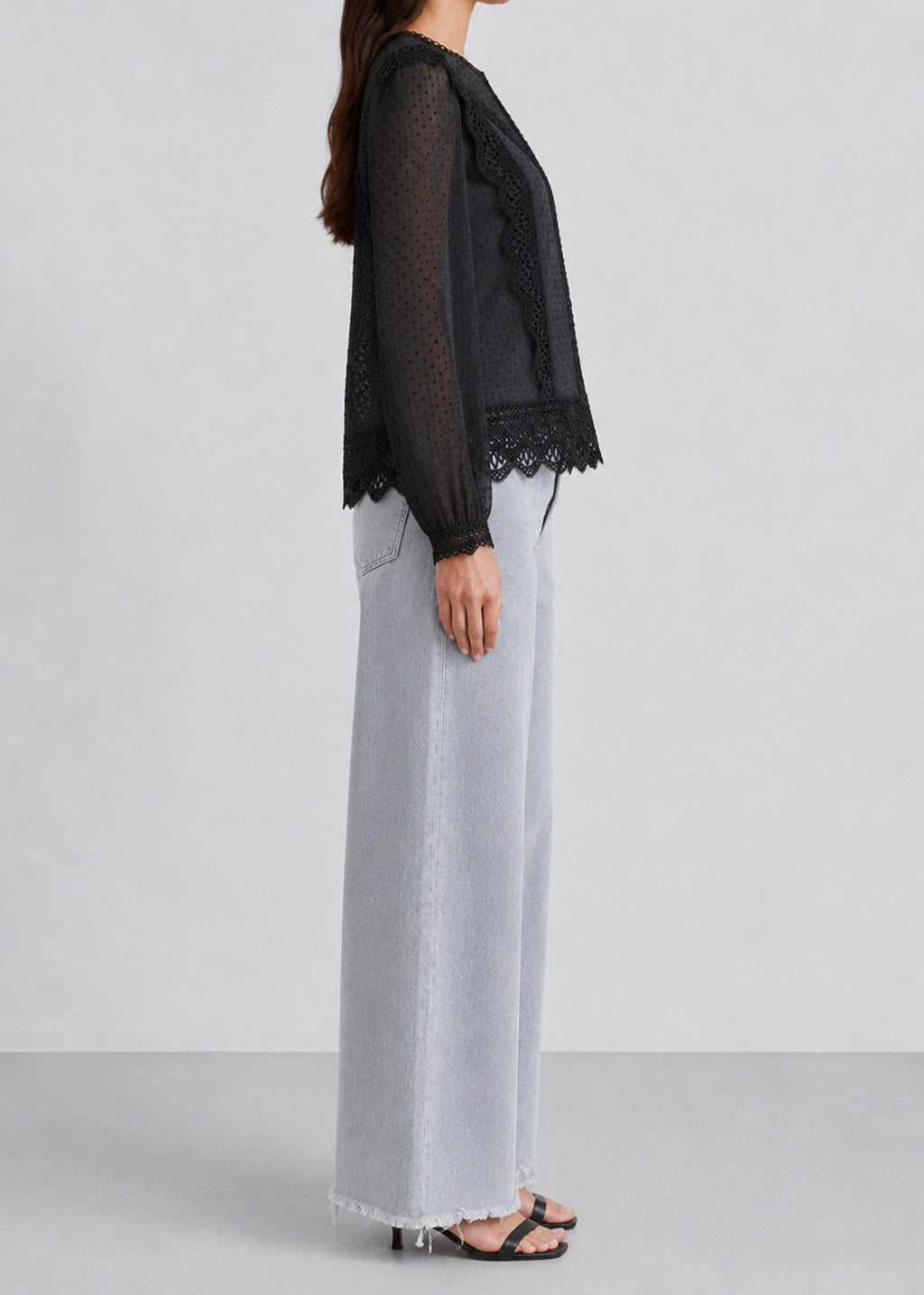 Black Lace Trimming Chiffon Blouse