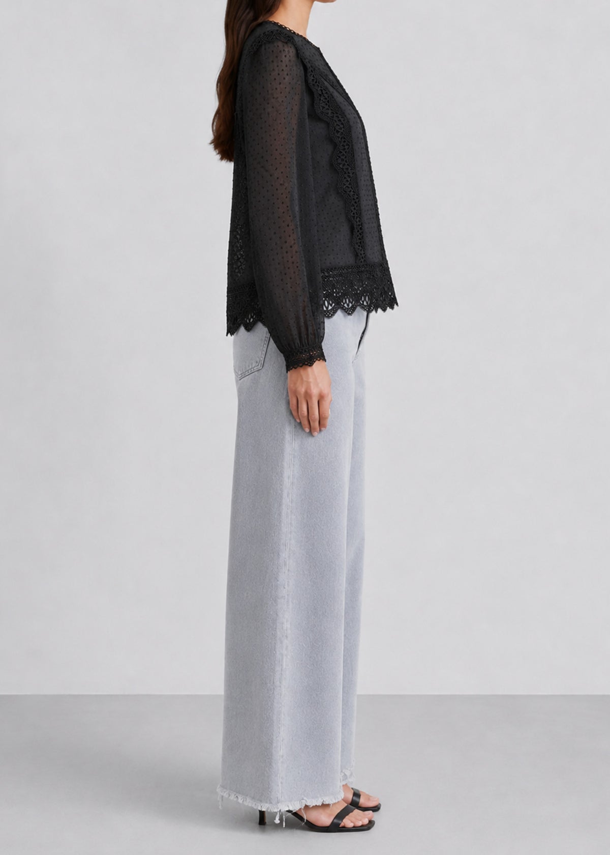 Black Lace Trimming Chiffon Blouse