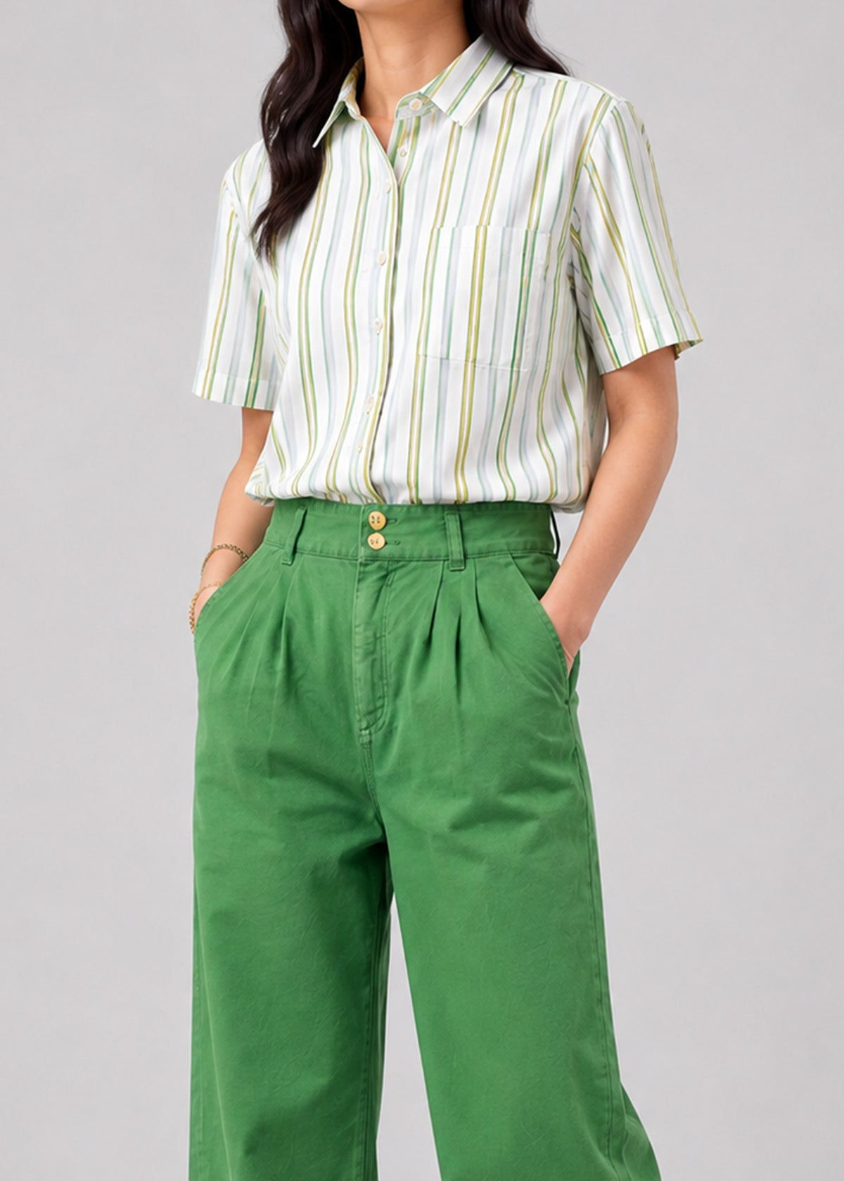 Green & Olive Vertical Striped Short-Sleeve Shirt