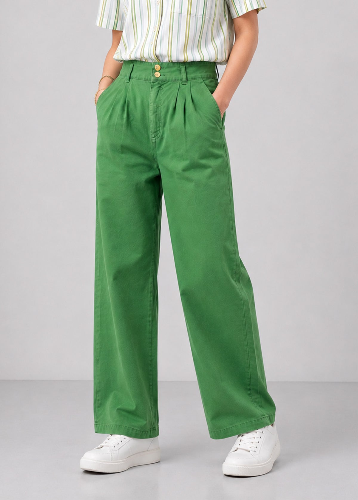 Green High-Waist Pleated Wide-Leg Trousers