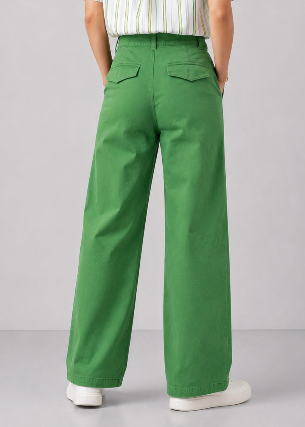 Green High-Waist Pleated Wide-Leg Trousers