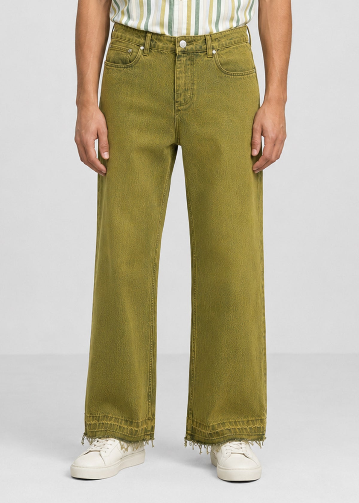 MAN Olive Acid-Wash Wide-Leg Raw-Hem Jeans