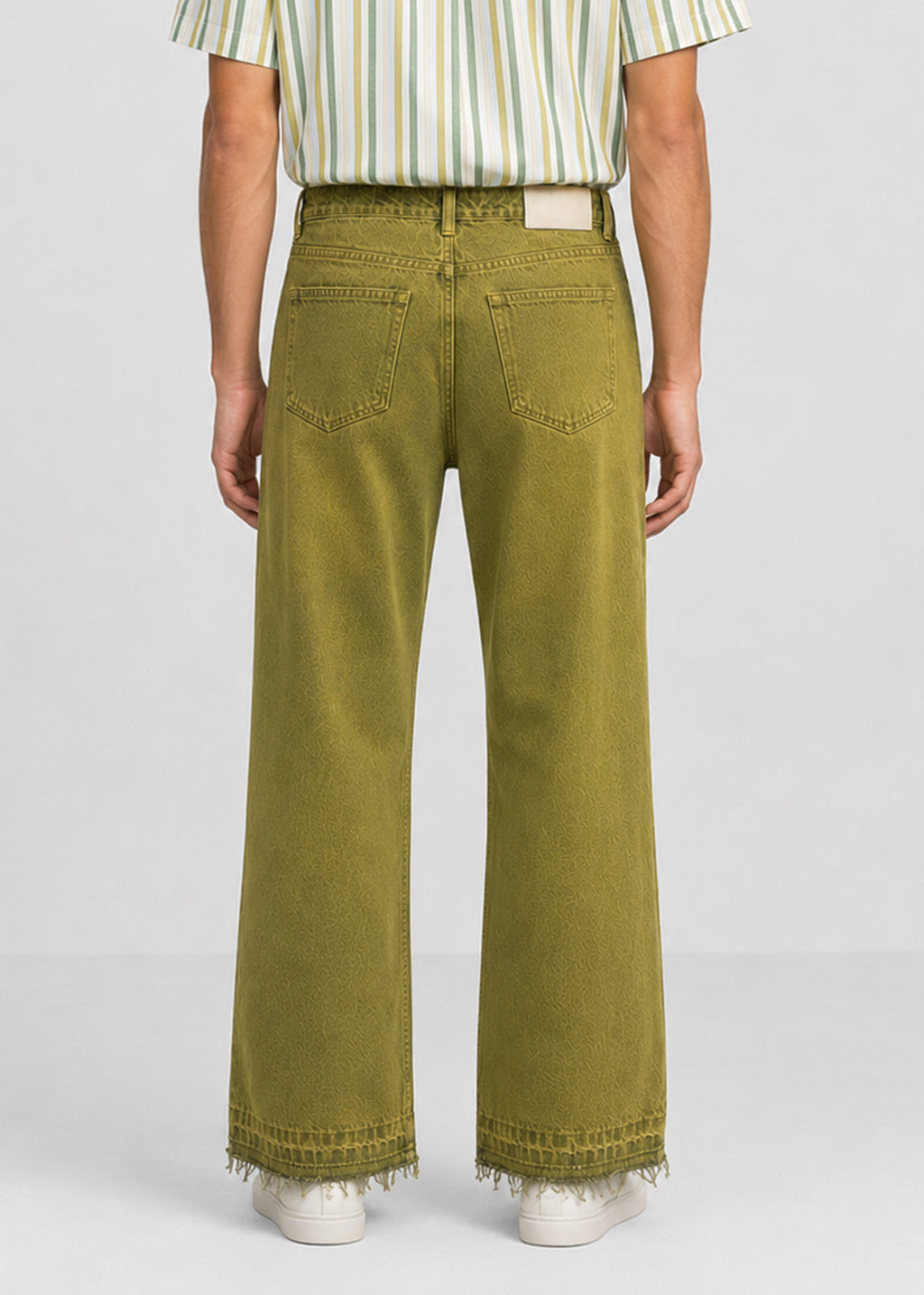 MAN Olive Acid-Wash Wide-Leg Raw-Hem Jeans