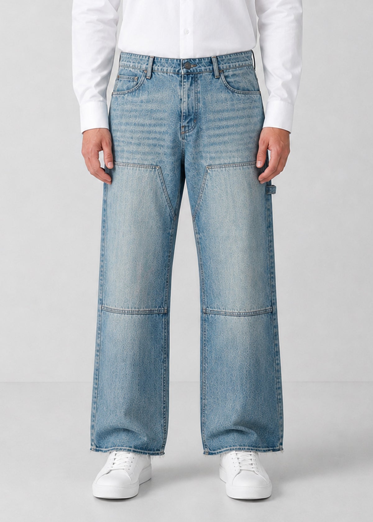 MAN Light-Wash Carpenter Wide-Leg Raw-Hem Jeans