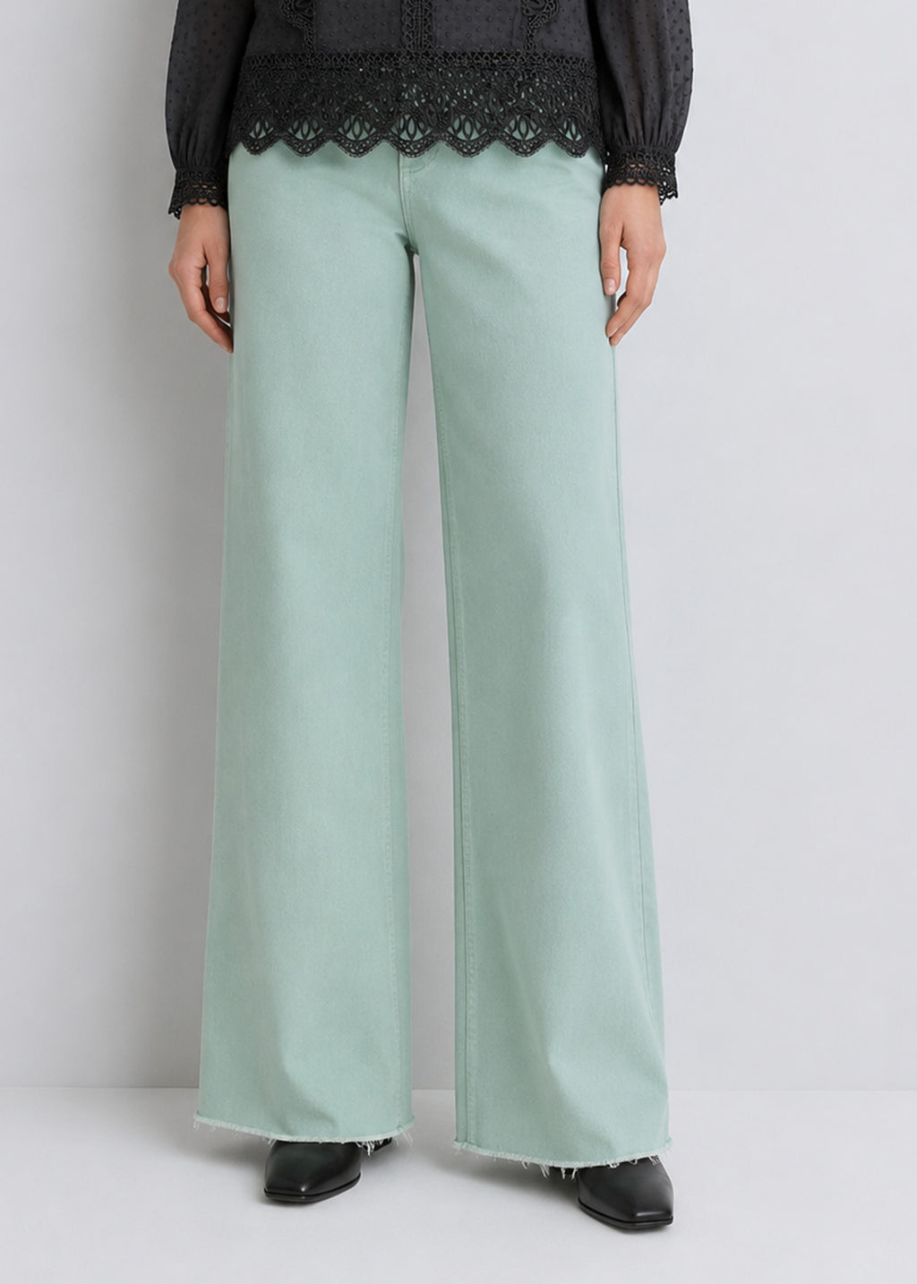 Light Green Wide-Leg Raw-Hem Jeans