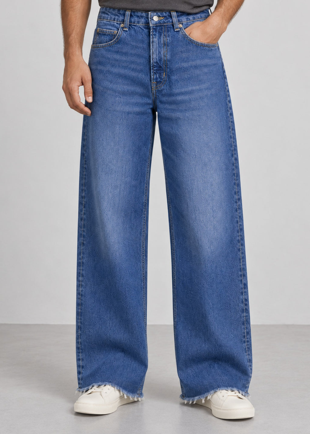 Medium-Wash Wide-Leg Raw-Hem Jeans