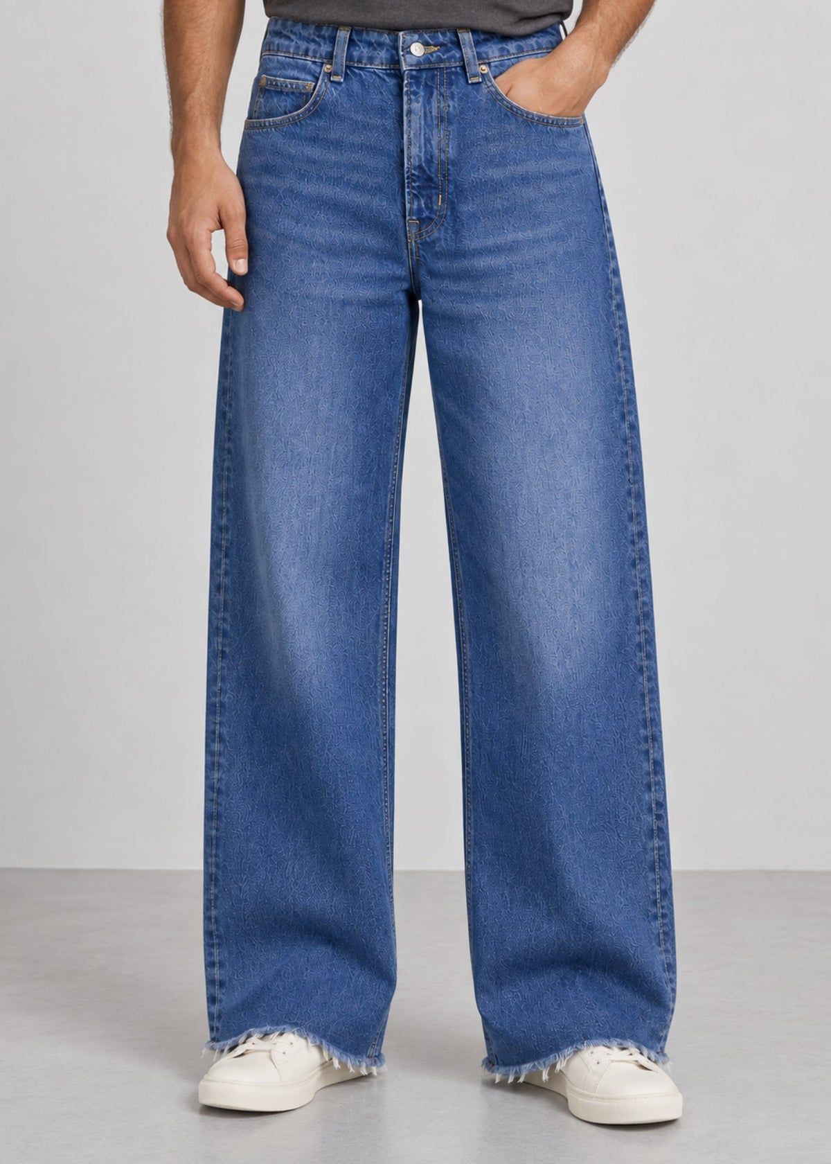 Medium-Wash Wide-Leg Raw-Hem Jeans