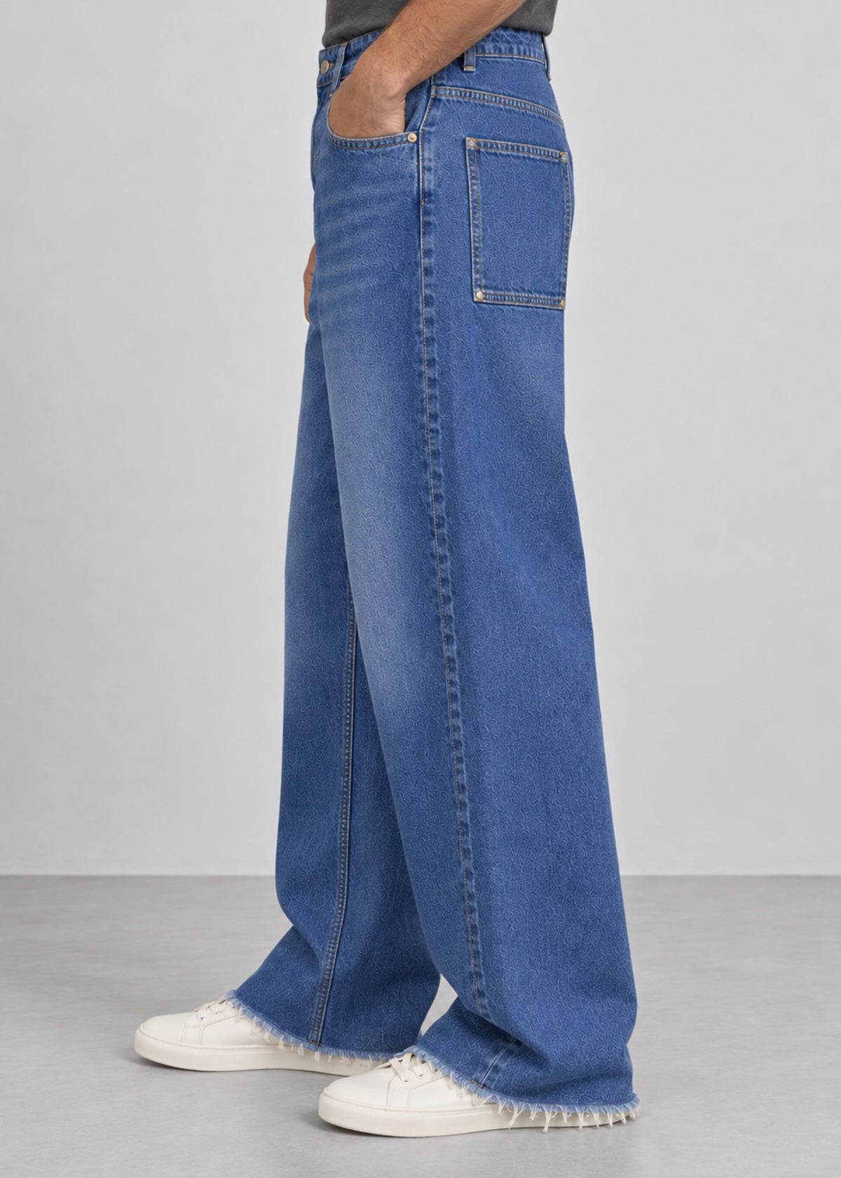 Medium-Wash Wide-Leg Raw-Hem Jeans