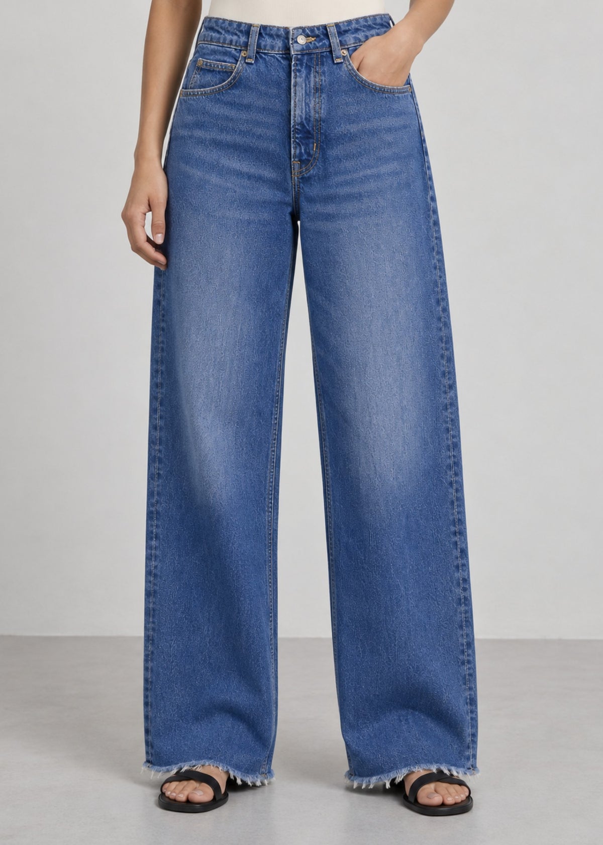 Medium-Wash Wide-Leg Raw-Hem Jeans