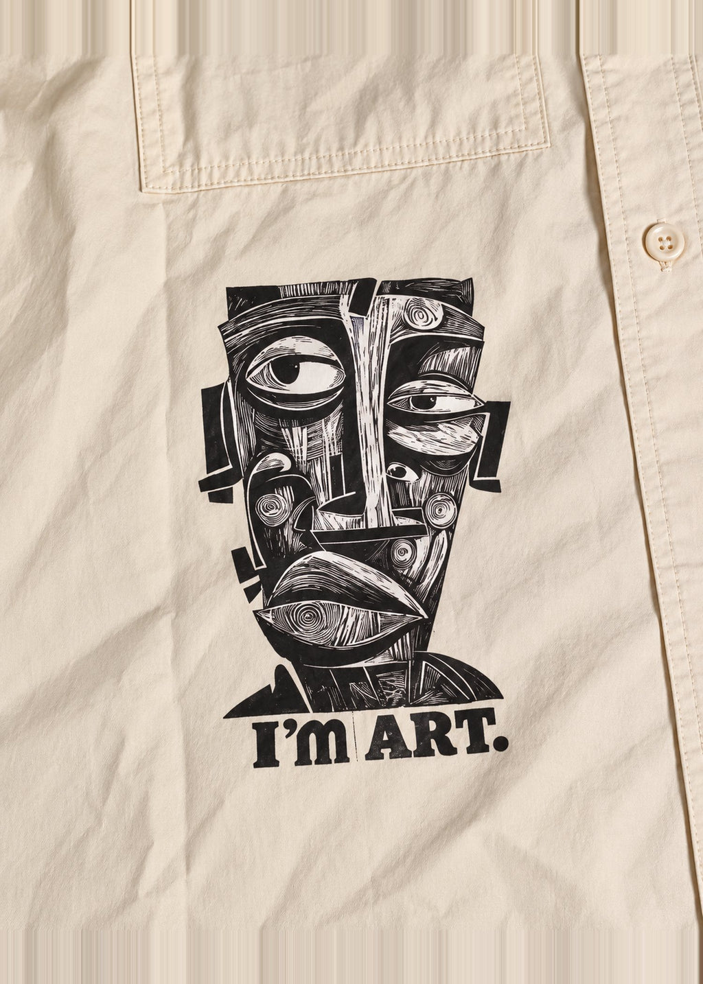 Cubic Art Graphic Shirt – Cream Short Sleeve – front art print close-up