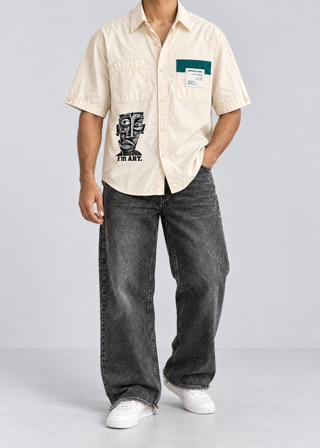 Cubic Art Graphic Shirt – Cream Short Sleeve – male model front view