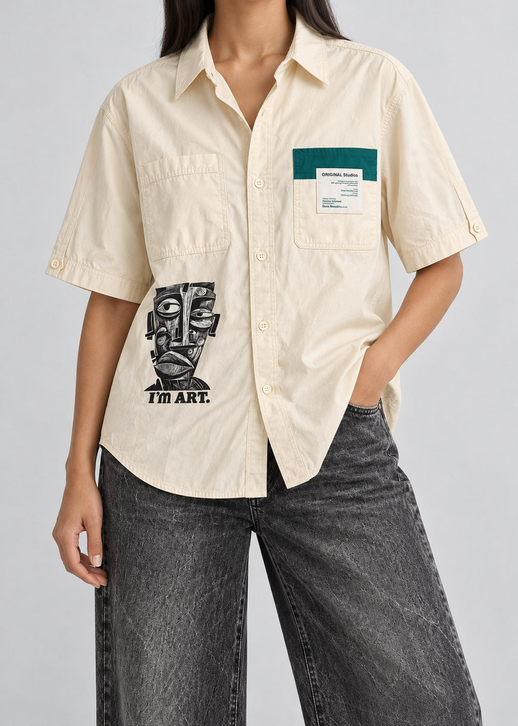 Cubic Art Graphic Shirt – Cream Short Sleeve – female model front view