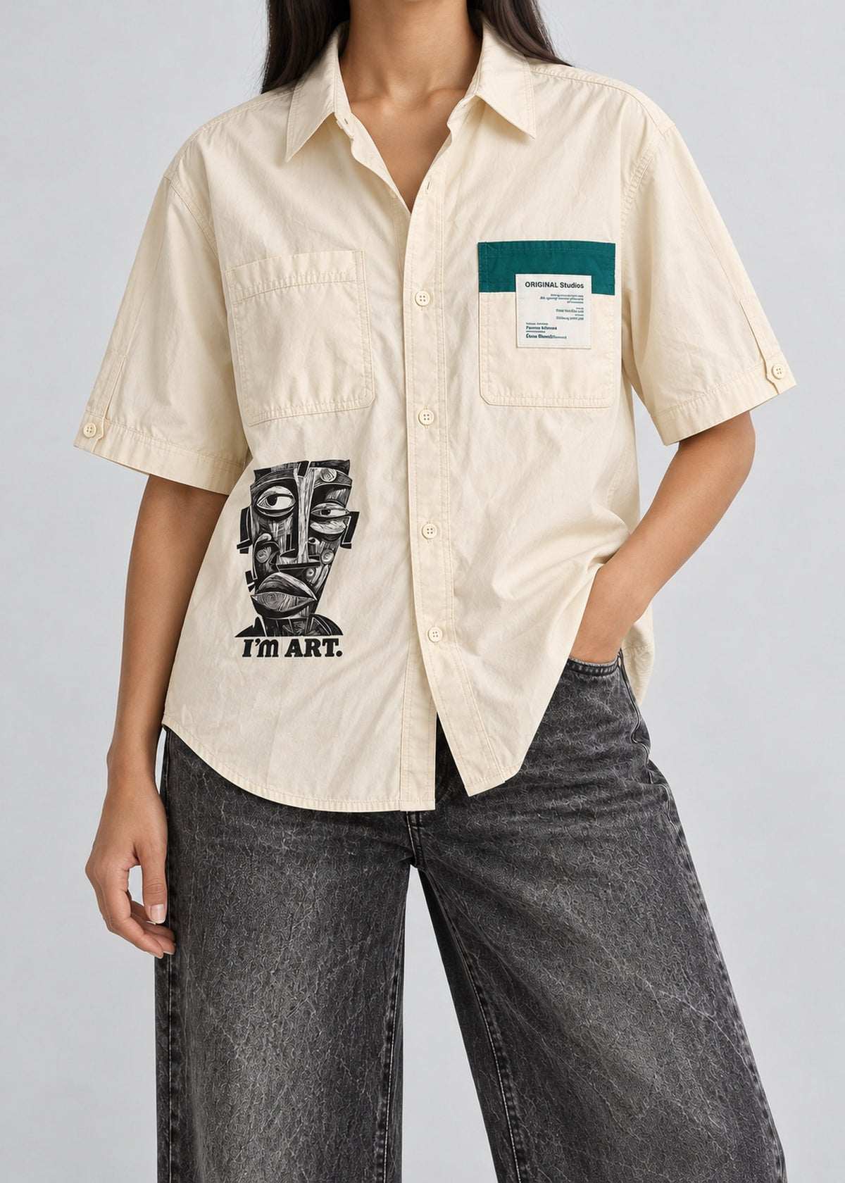 Cubic Art Graphic Shirt – Cream Short Sleeve – female model front view