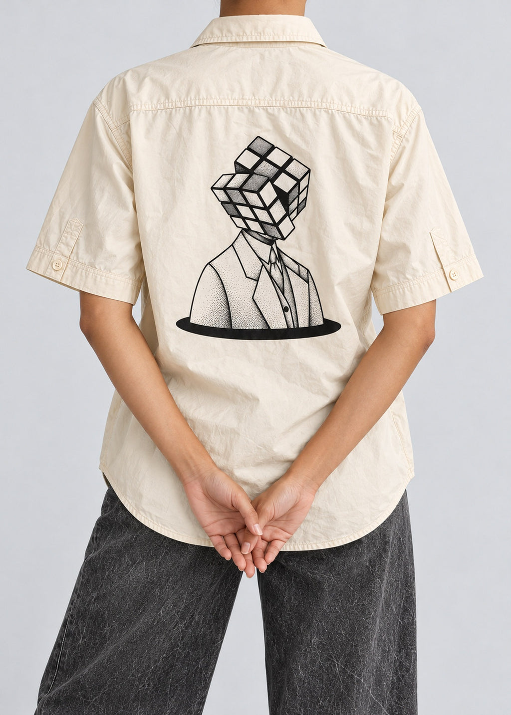 Cubic Art Graphic Shirt – Cream Short Sleeve – model back view showing the graphic