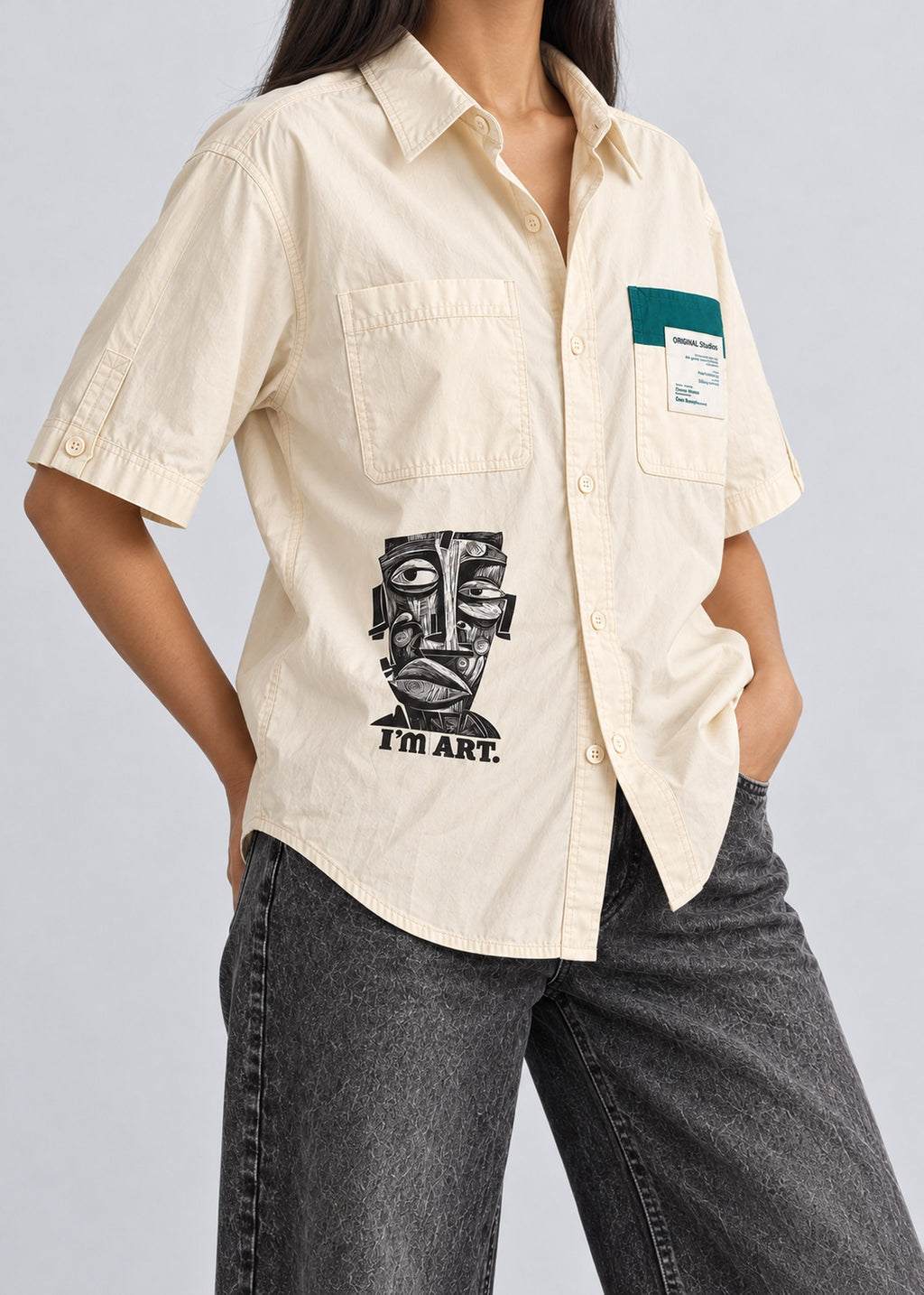 Cubic Art Graphic Shirt – Cream Short Sleeve – female model three-quarter view