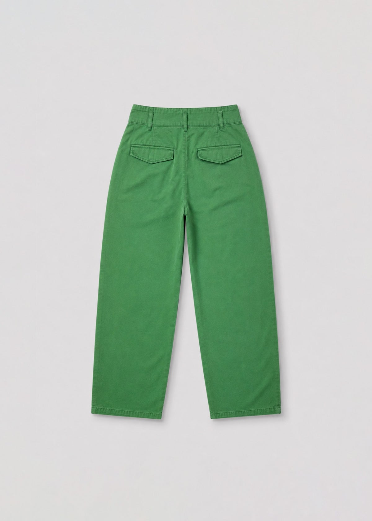 Green high-waist wide-leg trousers back view with flap pockets
