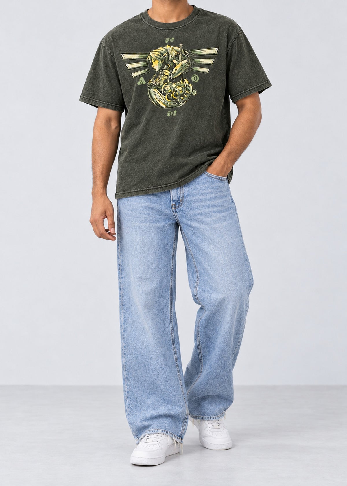 Dark Green Fantasy Graphic Tee – male model front view