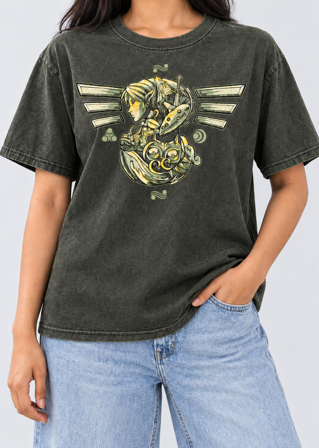 Dark Green Fantasy Graphic Tee – female model front view