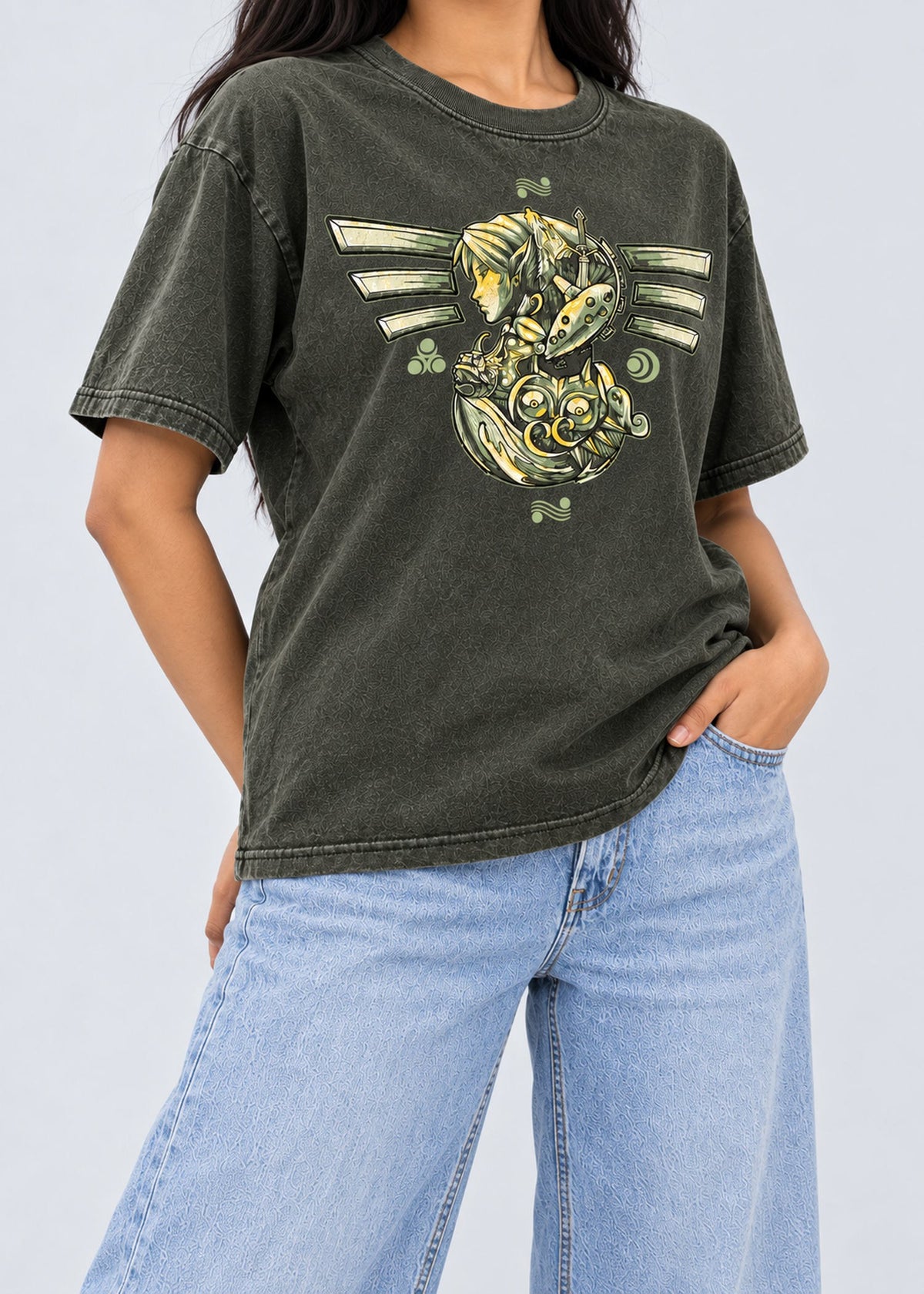 Dark Green Fantasy Graphic Tee – female model three-quarter view