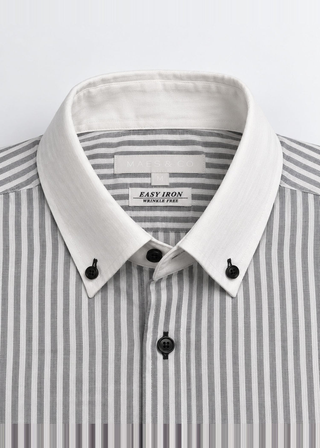 Grey Striped Contrast Collar Short-Sleeve Shirt – collar and buttons close-up