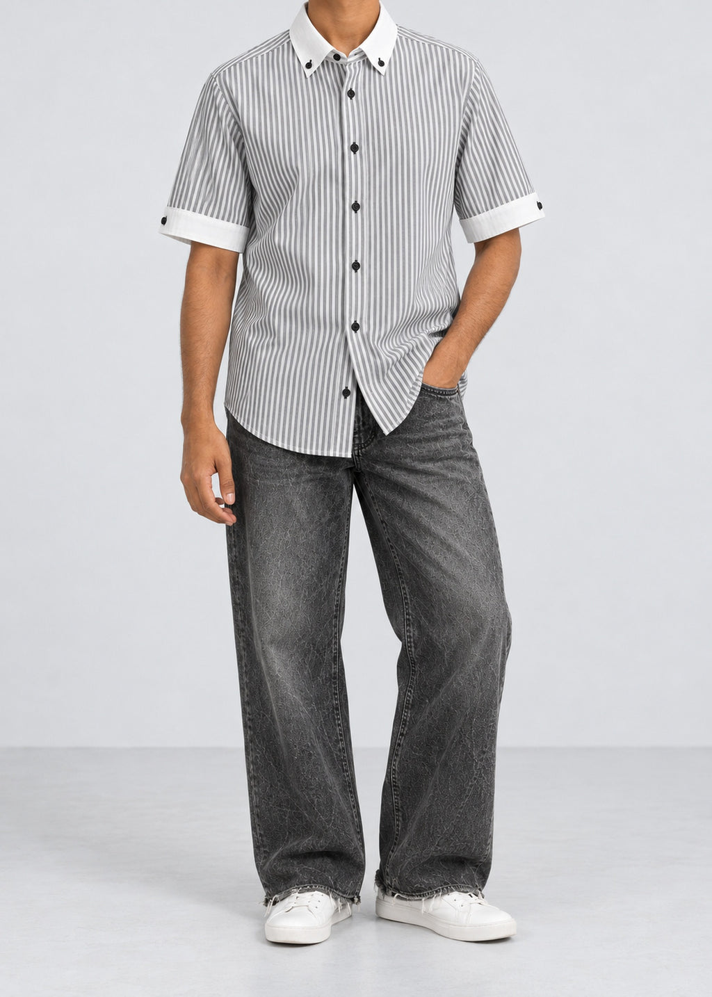 Grey Striped Contrast Collar Short-Sleeve Shirt – male model front view