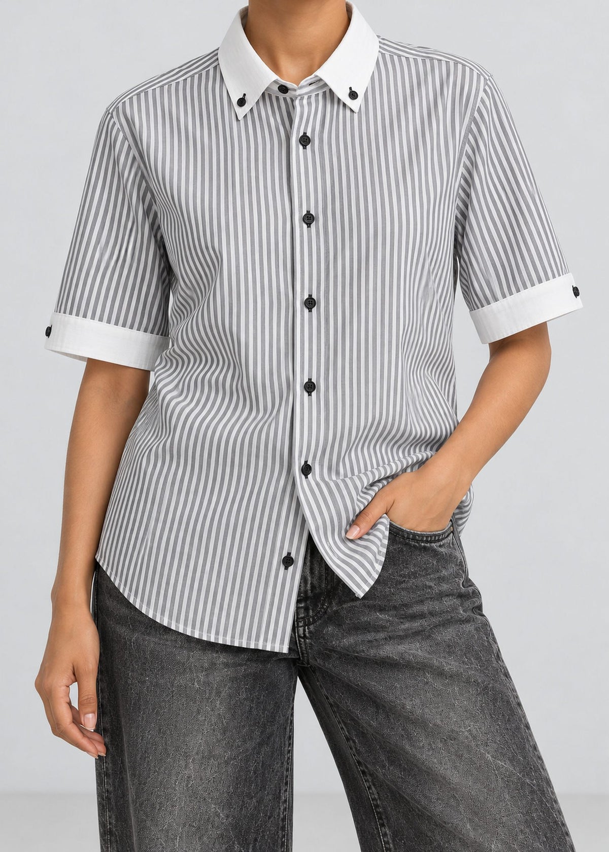 Grey Striped Contrast Collar Short-Sleeve Shirt – female model front view