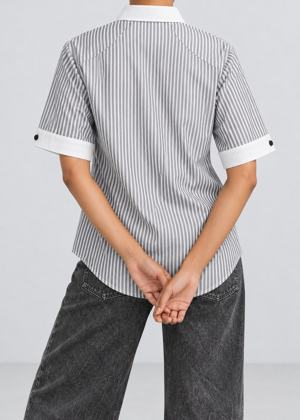 Grey Striped Contrast Collar Short-Sleeve Shirt – female model back view