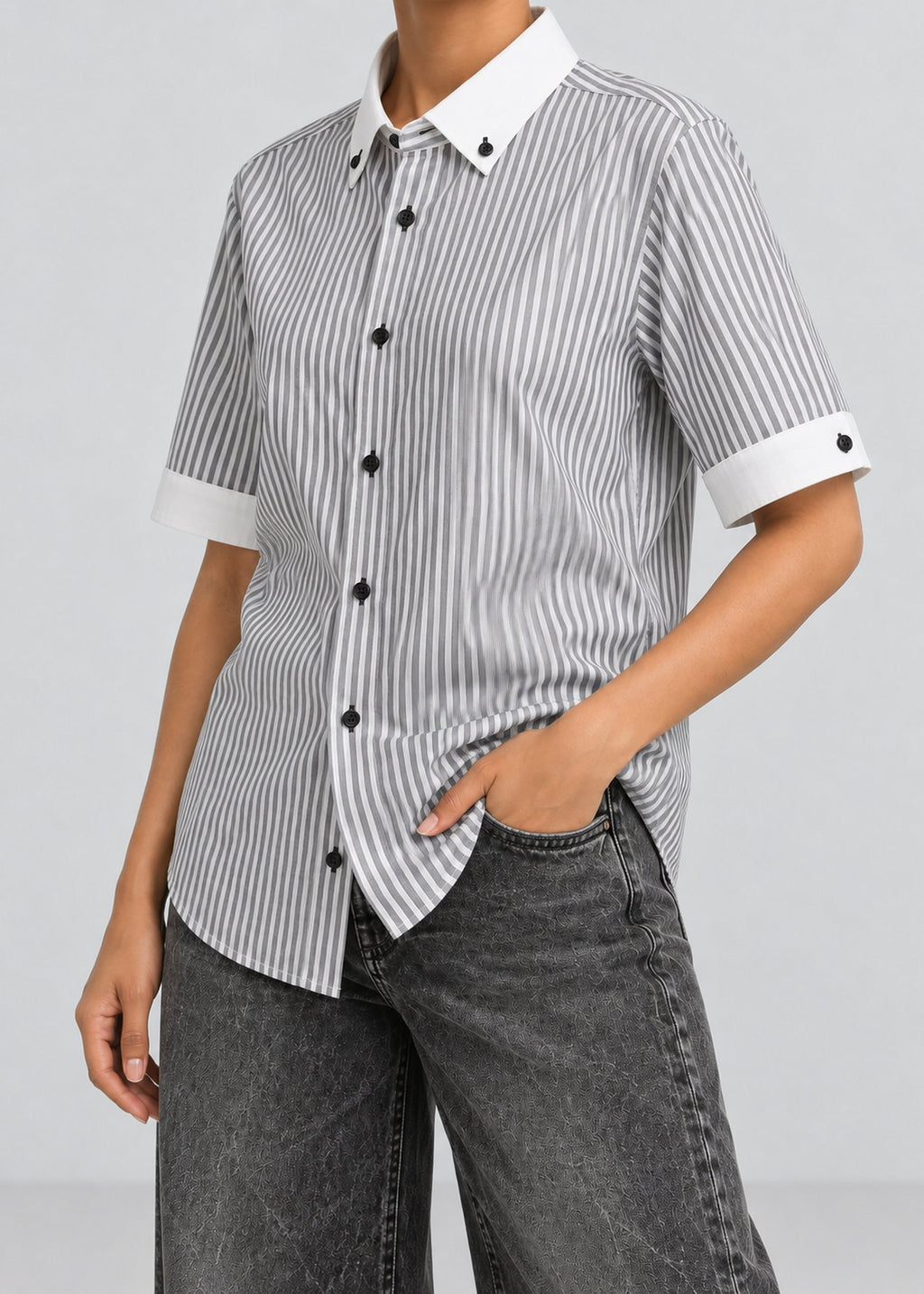 Grey Striped Contrast Collar Short-Sleeve Shirt – female model three-quarter view