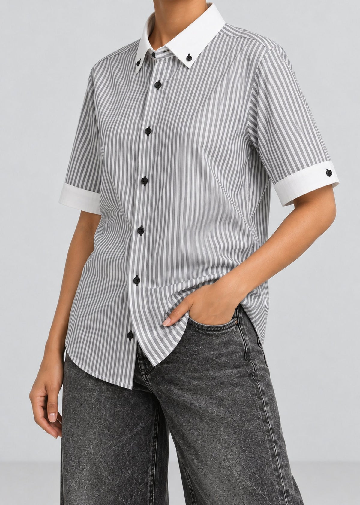 Grey Striped Contrast Collar Short-Sleeve Shirt – female model three-quarter view