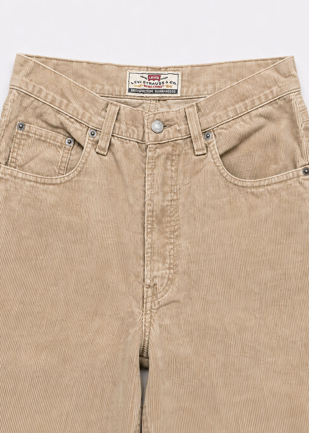 Levi's beige corduroy jeans waistband and five-pocket detail