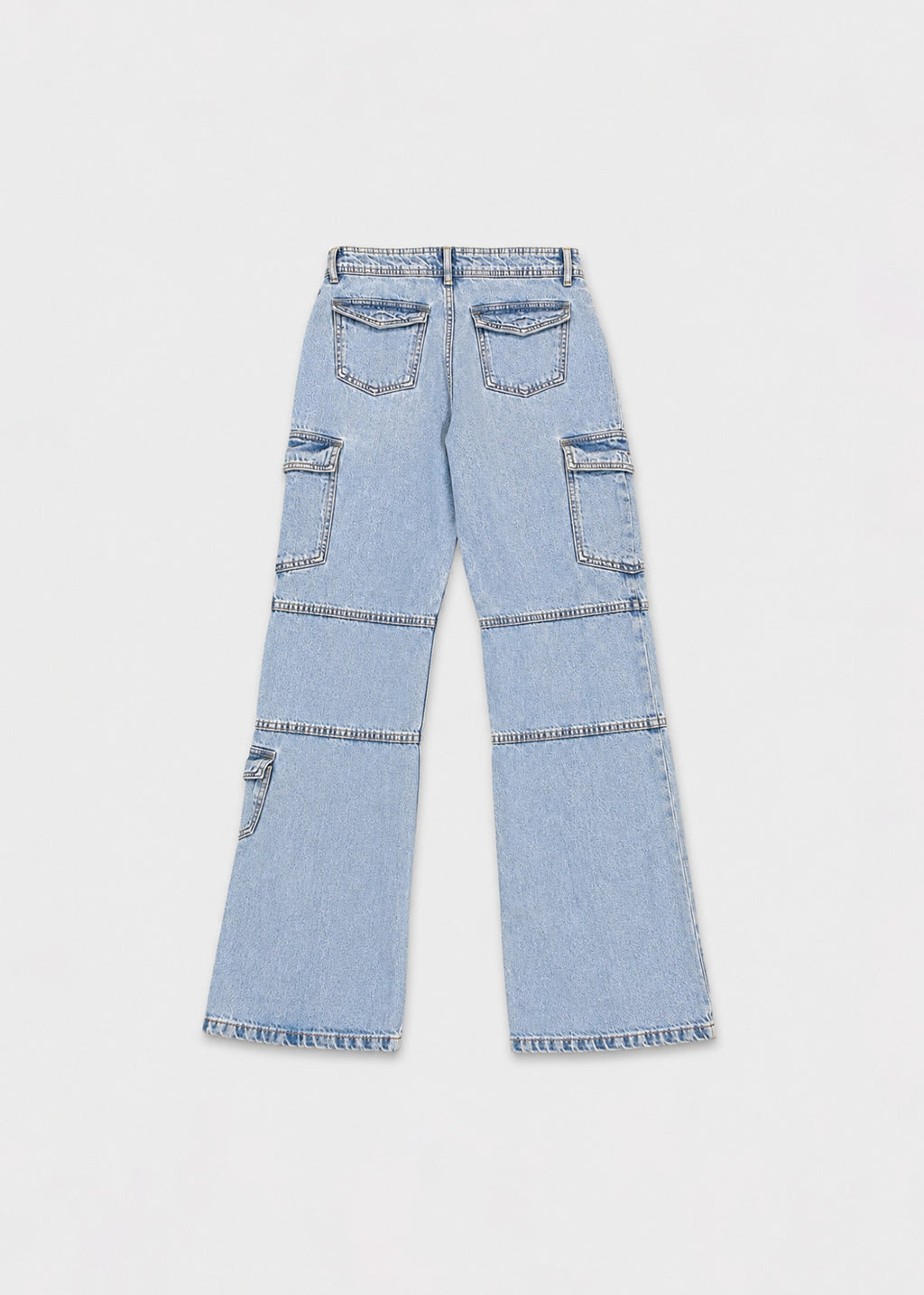 Light acid-wash cargo bootcut jeans back view with flap pockets
