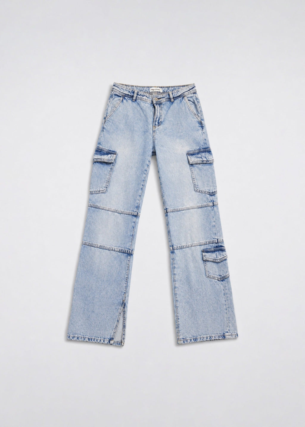 Light acid-wash cargo bootcut jeans front view with utility pockets
