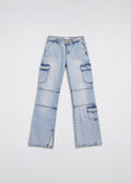 Light acid-wash cargo bootcut jeans front view with utility pockets