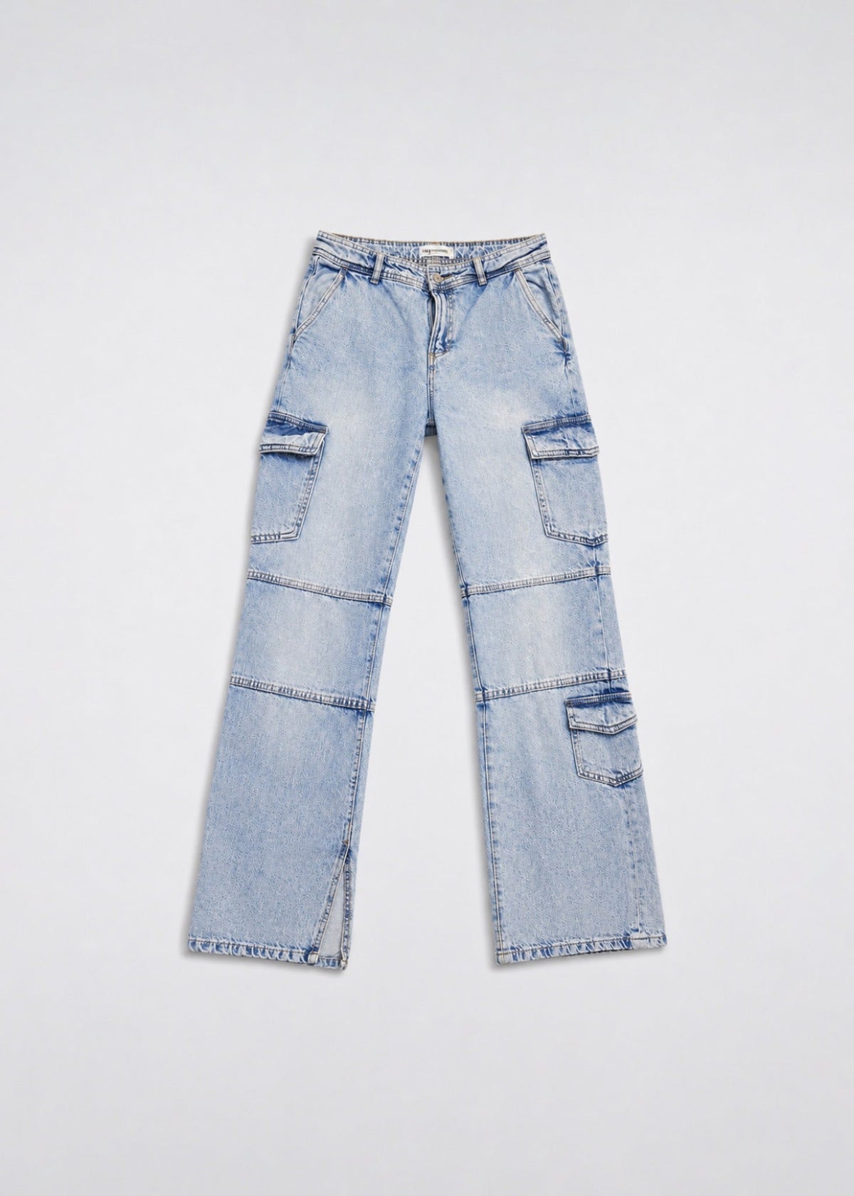 Light acid-wash cargo bootcut jeans front view with utility pockets