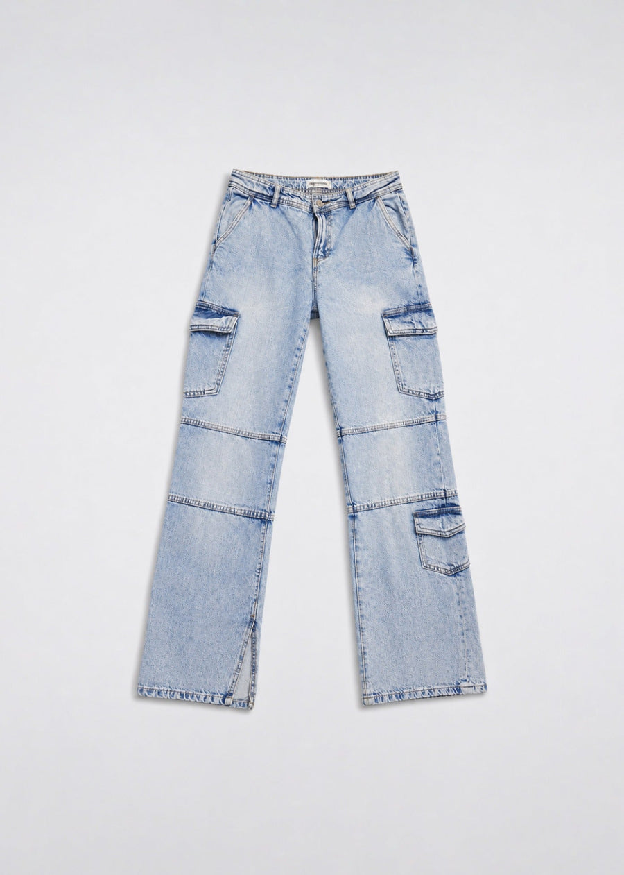 Light acid-wash cargo bootcut jeans front view with utility pockets